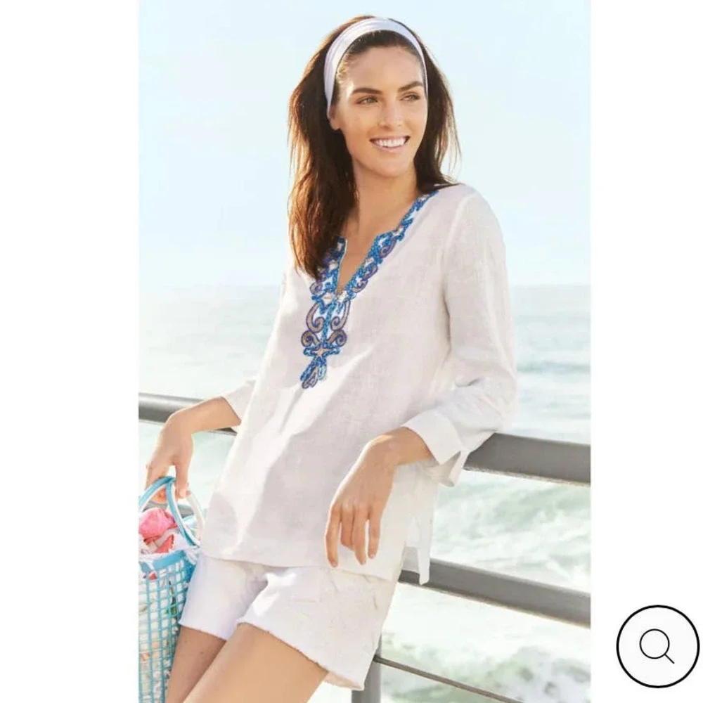 Lilly Pulitzer Amelia Island Linen Embroidered Tunic Top Women Size XS - Picture 2 of 16